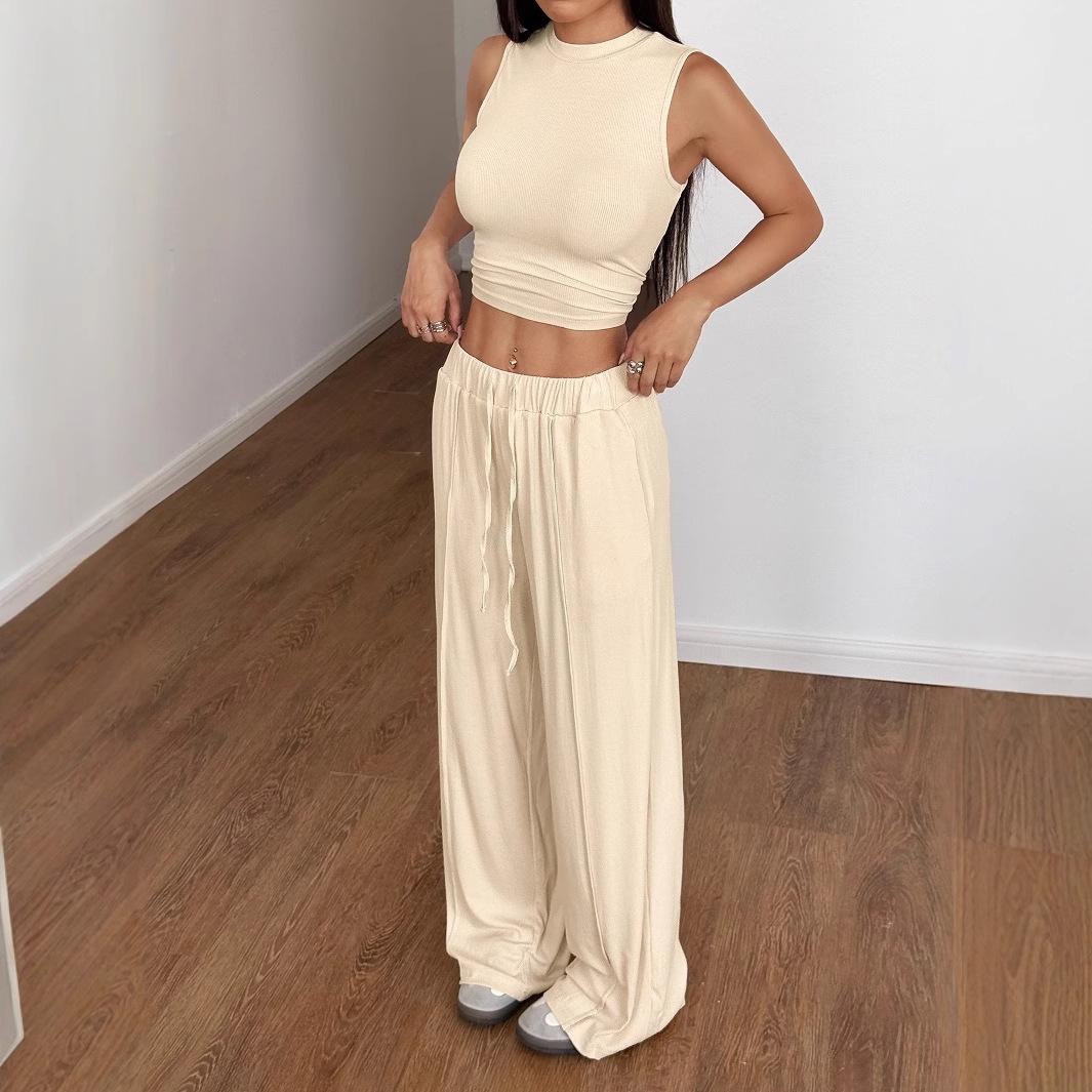 Women Beige Ribbed Knit Sleeveless Crop Top & Wide Leg Pants 2 Piece Set S