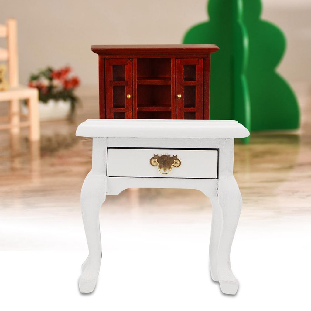 1/12 Puppenhaus Holzmöbel Miniatur Vintage Weiß Nachttisch Nachtschrank Modell