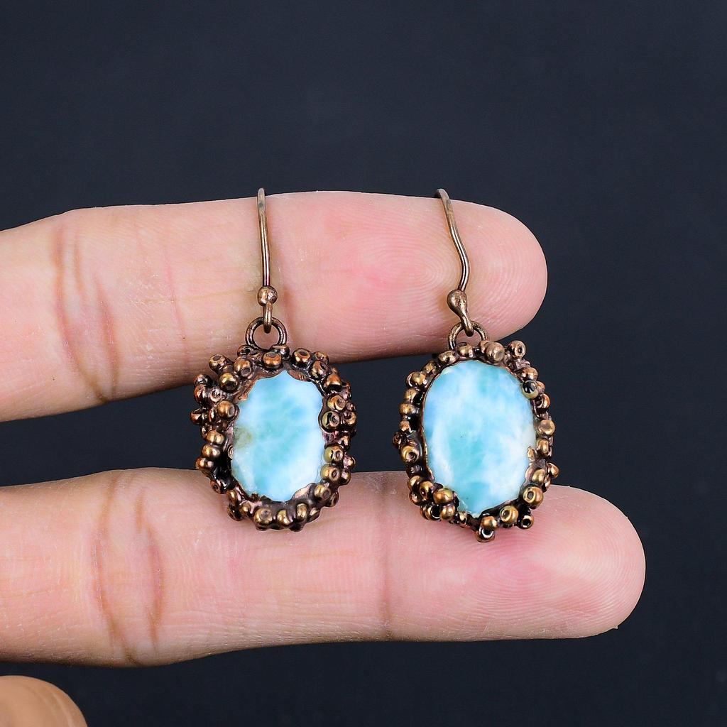 Larimar Earrings, Copper Electroformed Jewelry, Gemstone Earrings, Gift For Her Handmade Dainty Jewelry