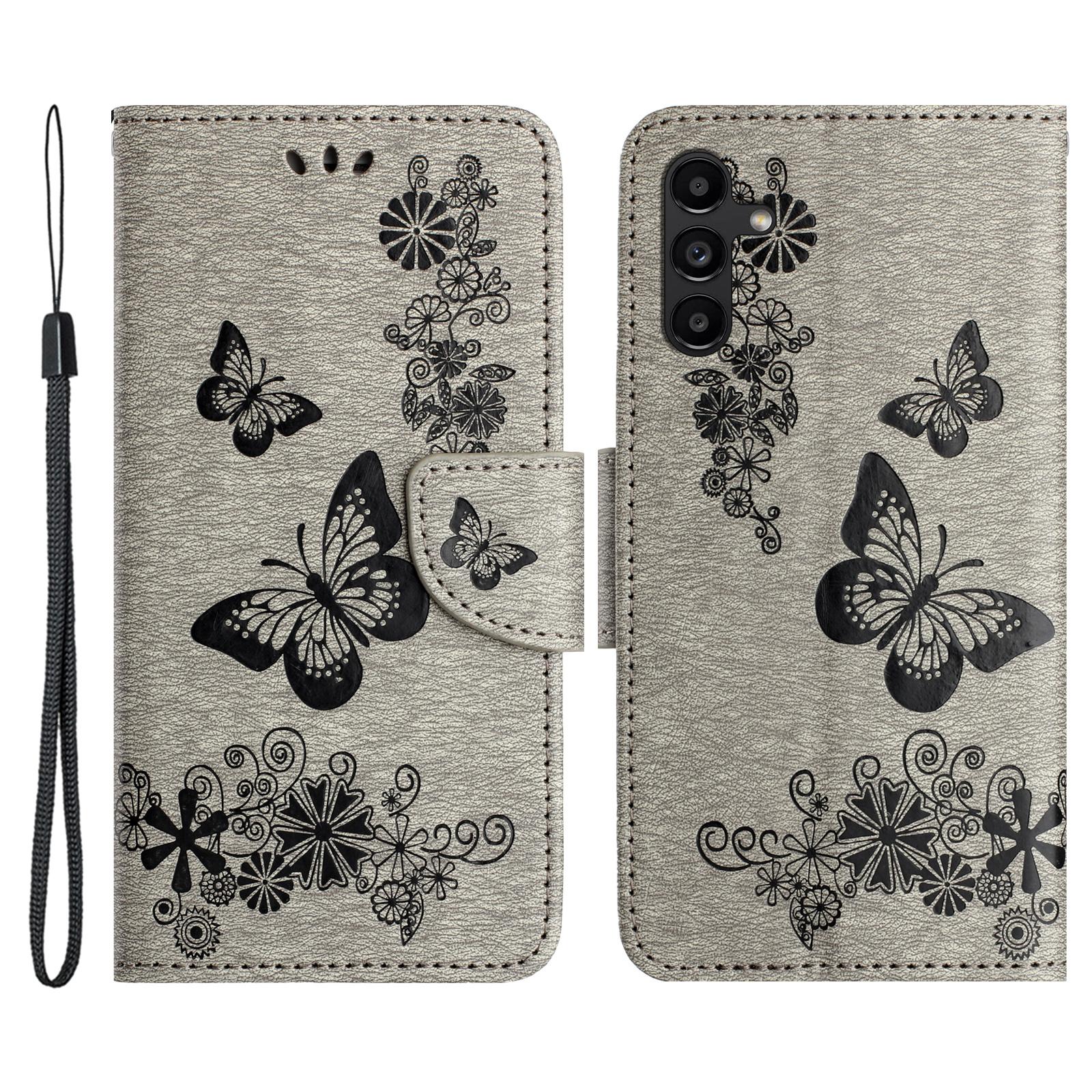 

For Samsung Galaxy A25 5G (Global) (161.0 x 76.5 x 8.3mm) PU Leather Stand Phone Cover Butterflies Flower Imprinting Phone Wallet Case Grey
