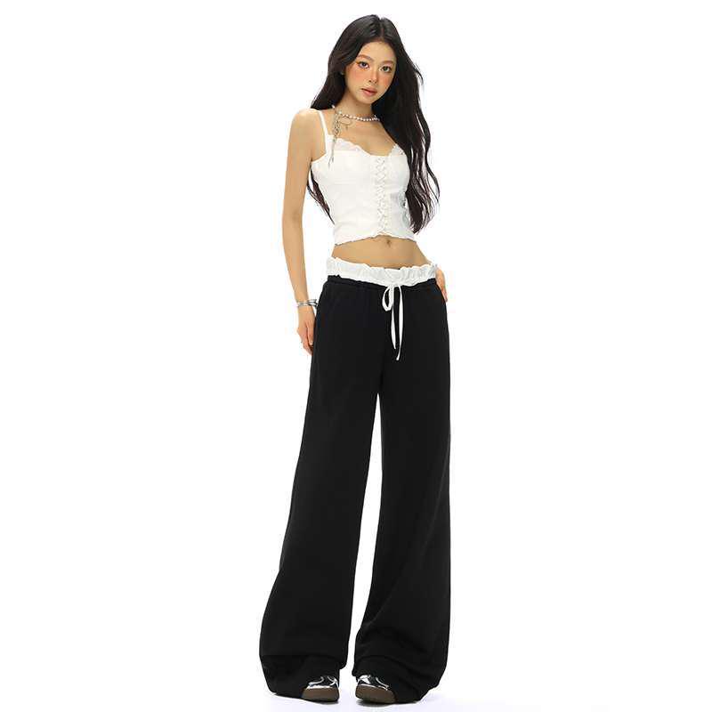 Women s Slimming Double Waist Lace Patchwork Drawstring Sweatpants Jeans Extra Small