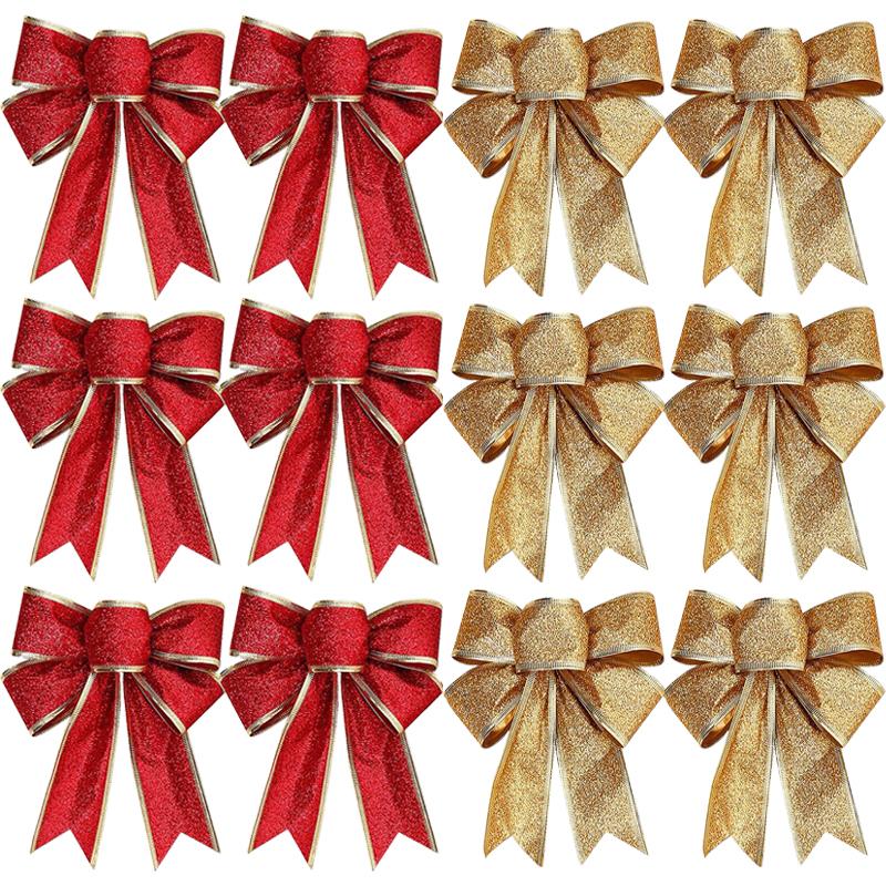 

12/2PCS Glitter Christmas Bow Gold Red Xmas Tree Ribbon Bowknot Hanging Pendant Ornaments for New Year Party Home Decor Gifts 6PCS