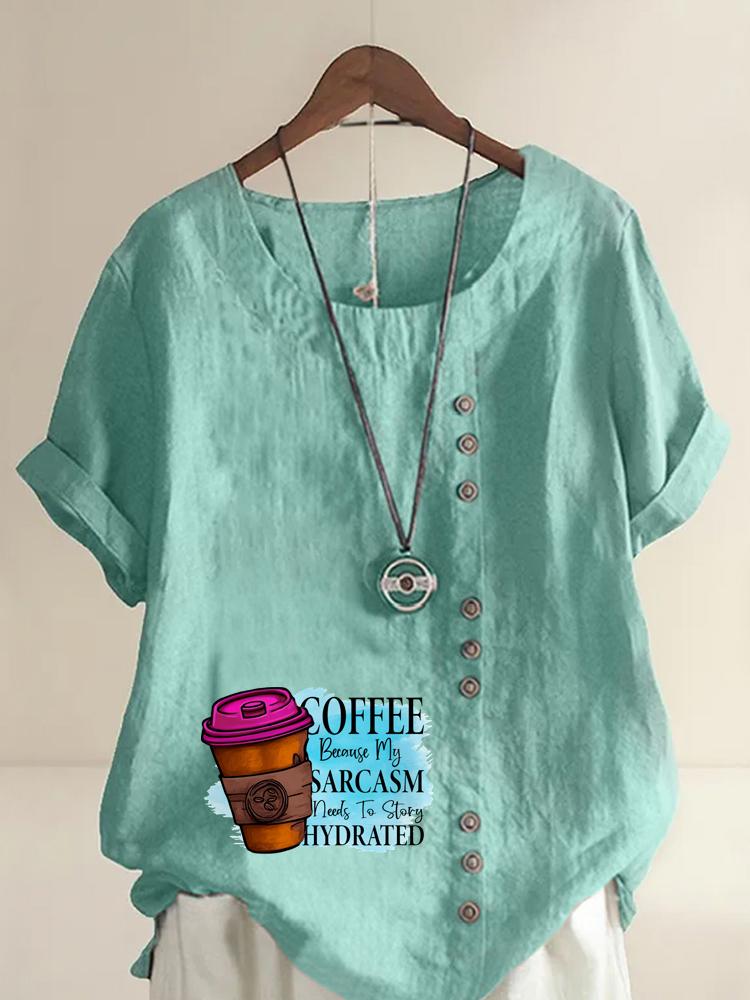 Women's Fashion Coffee Alphabet Print Casual Cotton Linen Short Sleeve Round Neck T-shirt Shirt Leisure Loose Summer Blouse Tops