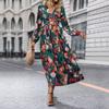 Women Autumn Winter Long Sleeve Print Elegant V-neck Chiffon A-Line Knee Length High Waist Dress