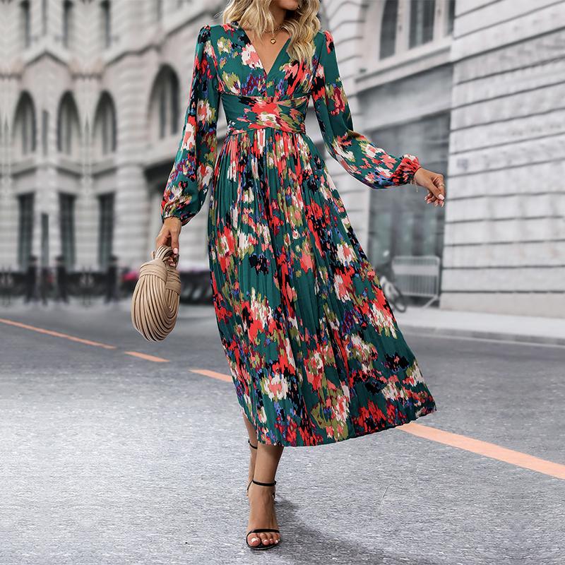Women Autumn Winter Long Sleeve Print Elegant V-neck Chiffon A-Line Knee Length High Waist Dress