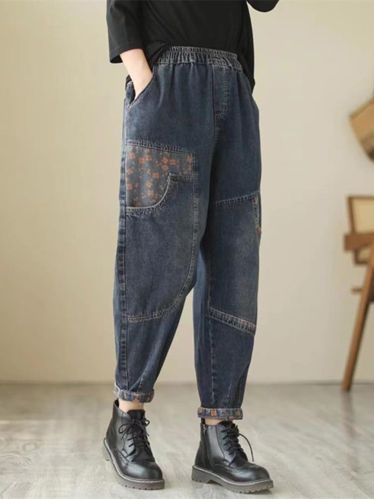 Minesam Women's Wide-Leg Denim Pants, Loose Fit, Slimming Sarouel Pants, Casual, Plus Sizes (03 Blue, XL)