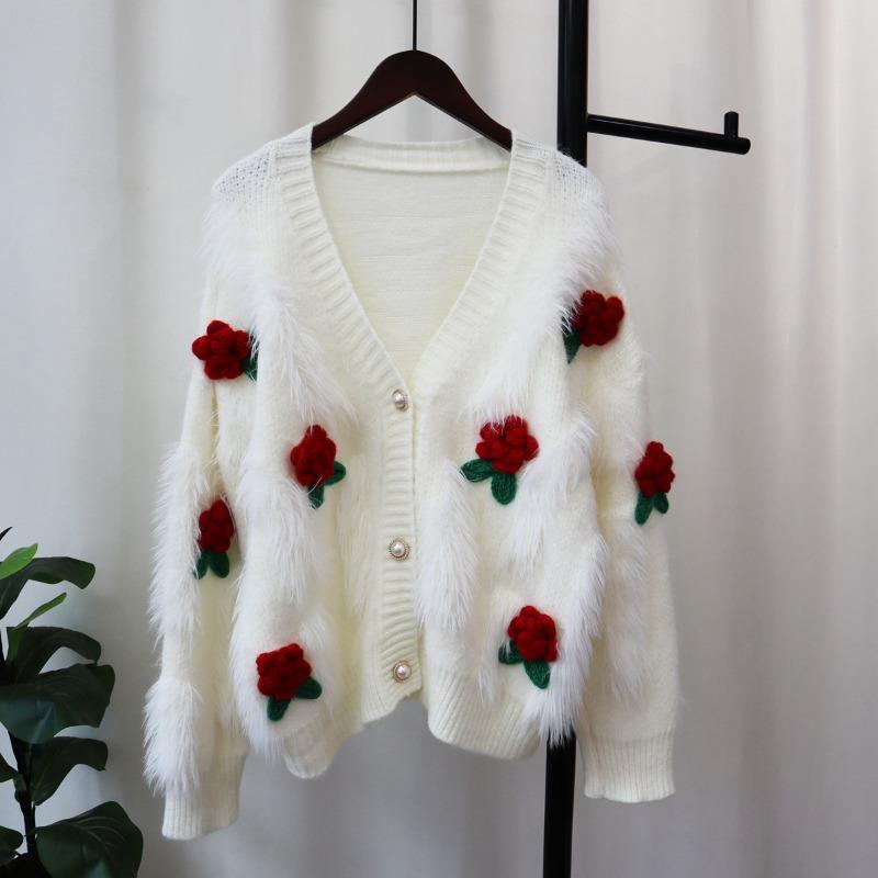 Imitation Mink Fleece Sweater Jacket Women's Autumn and Winter New Loose Three-dimensional Flower Soft Waxy Gentle Wind Knitted Cardigan