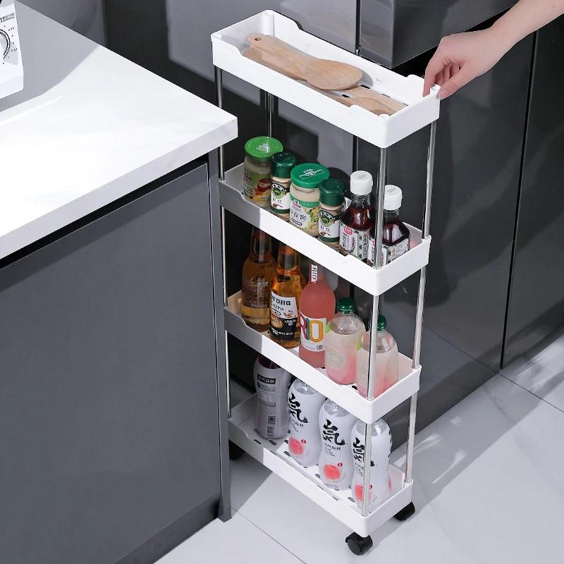 3/4 Layer Multi-layer Trolley Storage Rack with Pulleys and Hooks Kitchen Bathroom Living Room Removable Gap Storage Rack