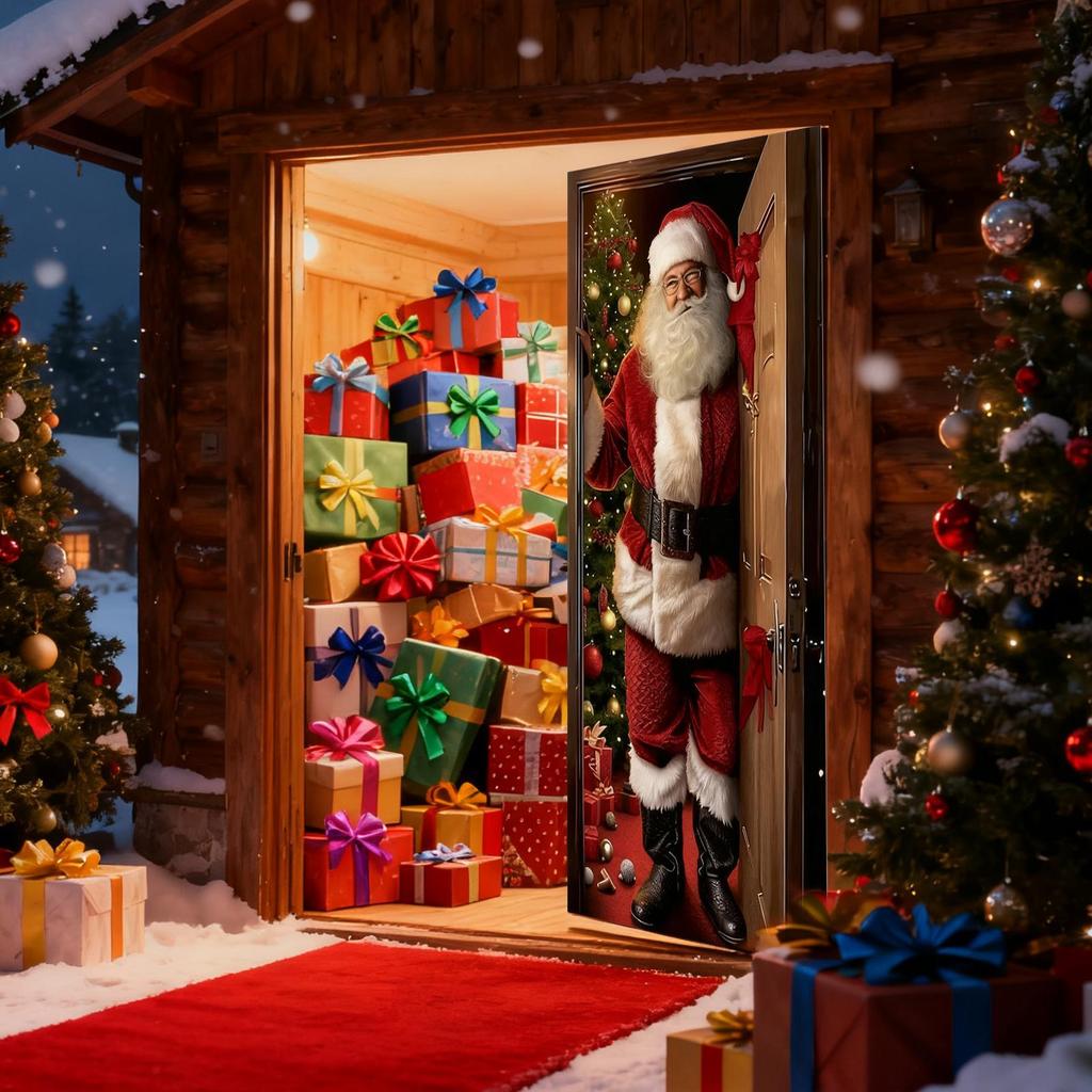 Santa Door Cover Decoration Winter Holiday Polyester Festive Christmas Holiday Front Door Cover For Entrance Courtyard Shop