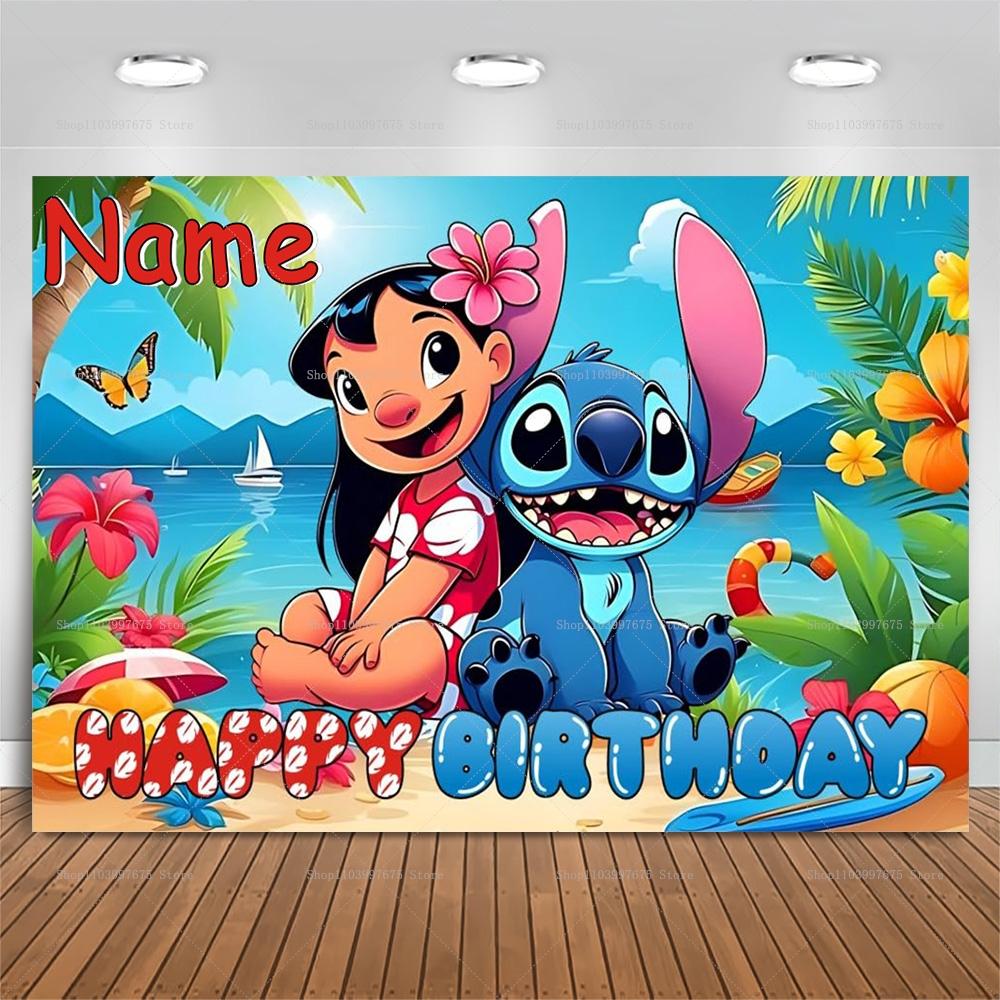 Lilo and Stitch Backgrounds for Children's Birthday Party Decoration, Tropical Flower Photo Background, Personalized Baby Shower Banner