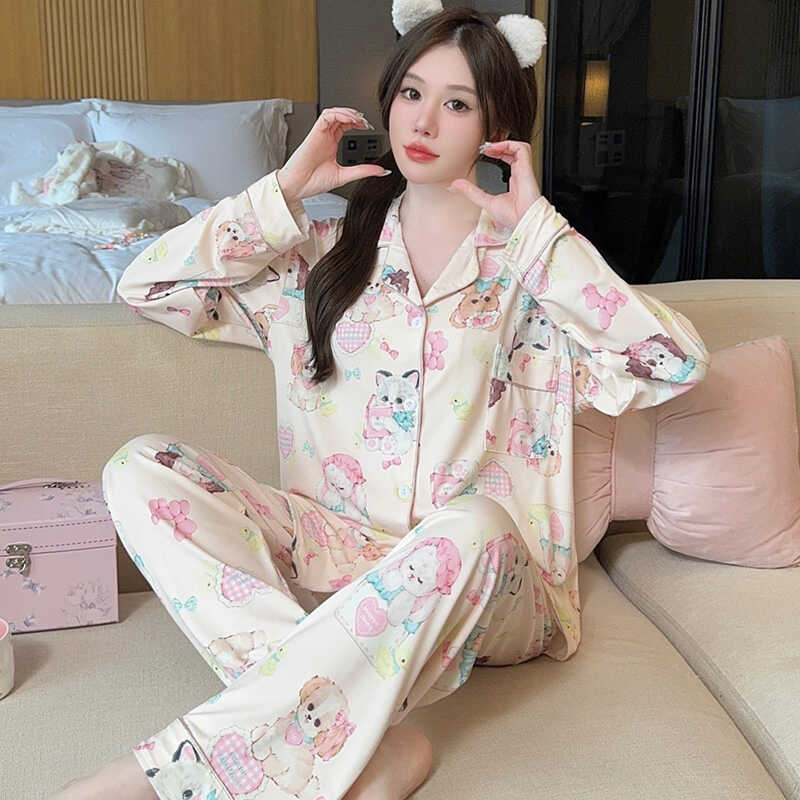 Fashions Spring Autumn Soft Cute Cartoon Cat Print Women's Pajamas Set Buttons Cardigan Womens 2 Piece Outfit Set Elegant Pajamas for Girls