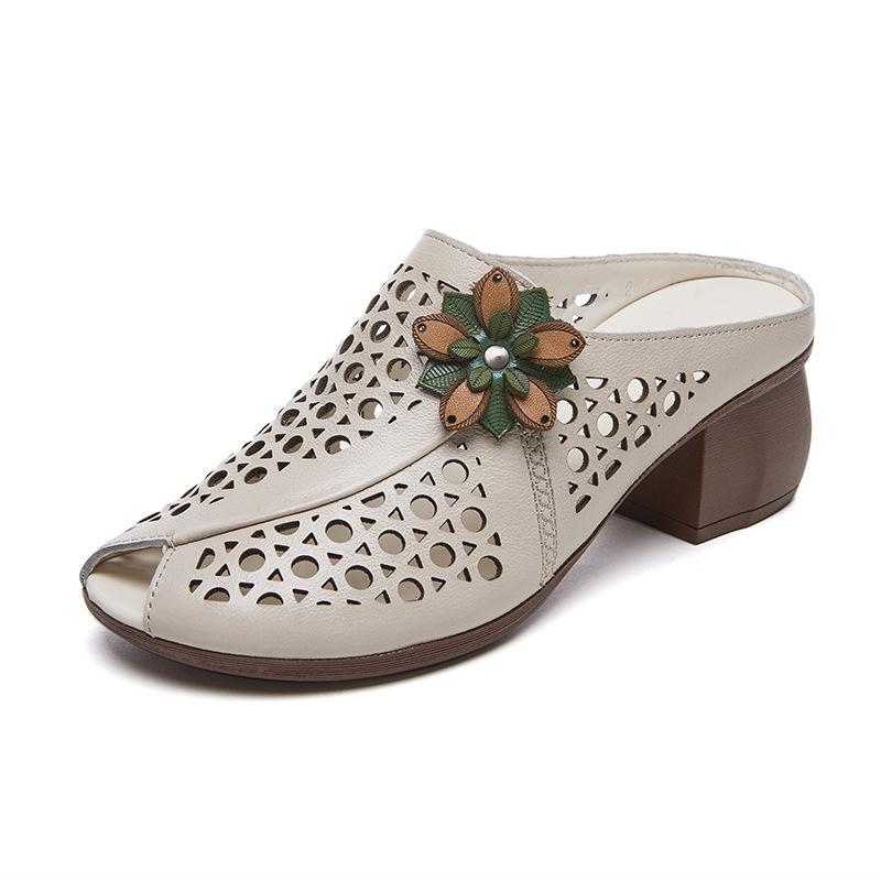 Sommer Damen Schuhe Ethno Stil Dicker Absatz Weiche Sohle Rindsleder Sandalen