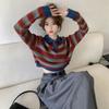 American Vintage Stripe Polo Neck Knit Sweater Women Spring and Autumn Long Sleeve Sweater Unique Short Sweater Pullover Femalep