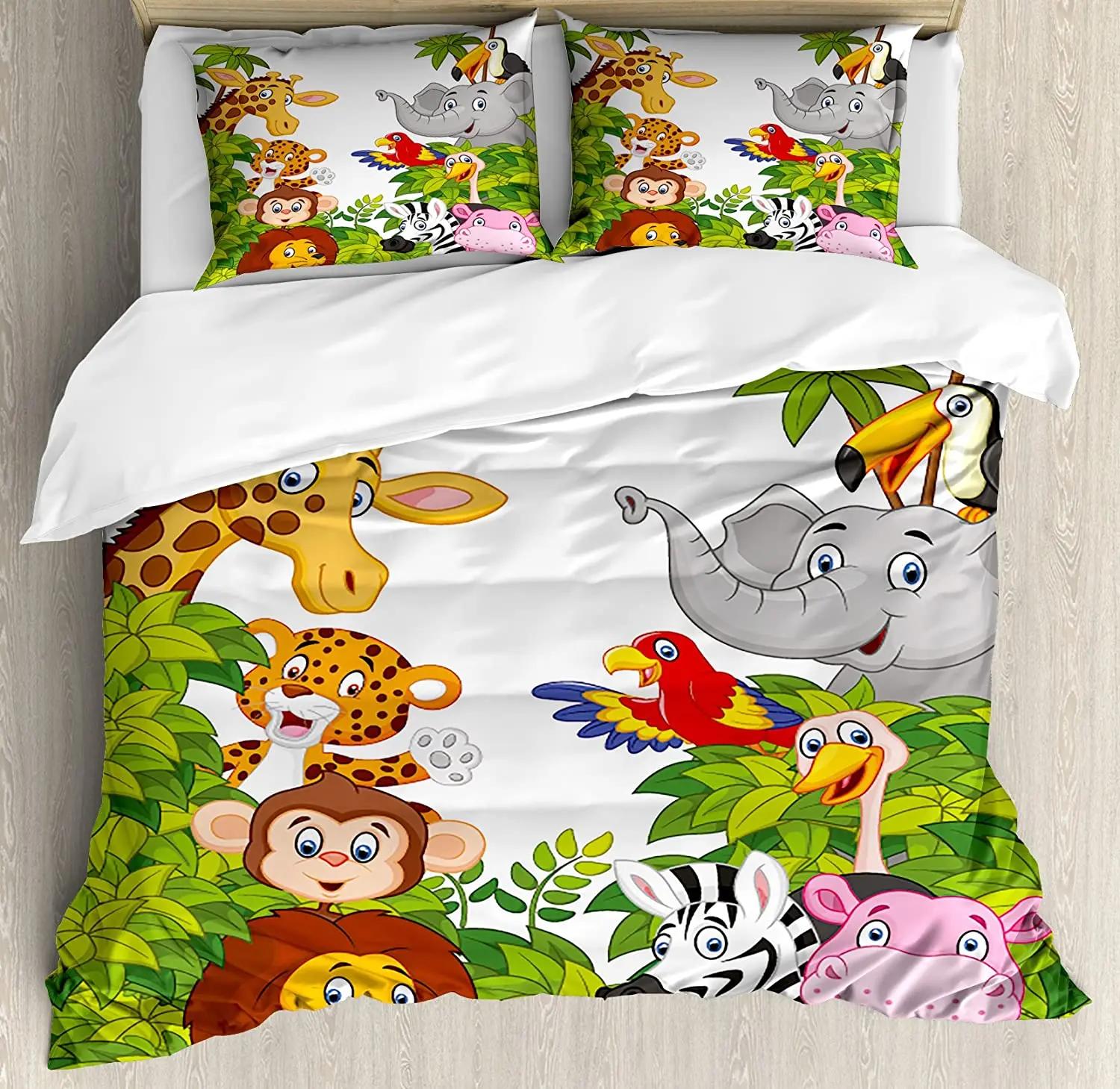 Jungle Bos Cartoon Dier Leeuw Olifant 3-delig Beddengoed Set Voor Tweepersoonsbed Huis Textiel Dekbedovertrek Dekbedhoes Kussensloop EU single(135x200cm)