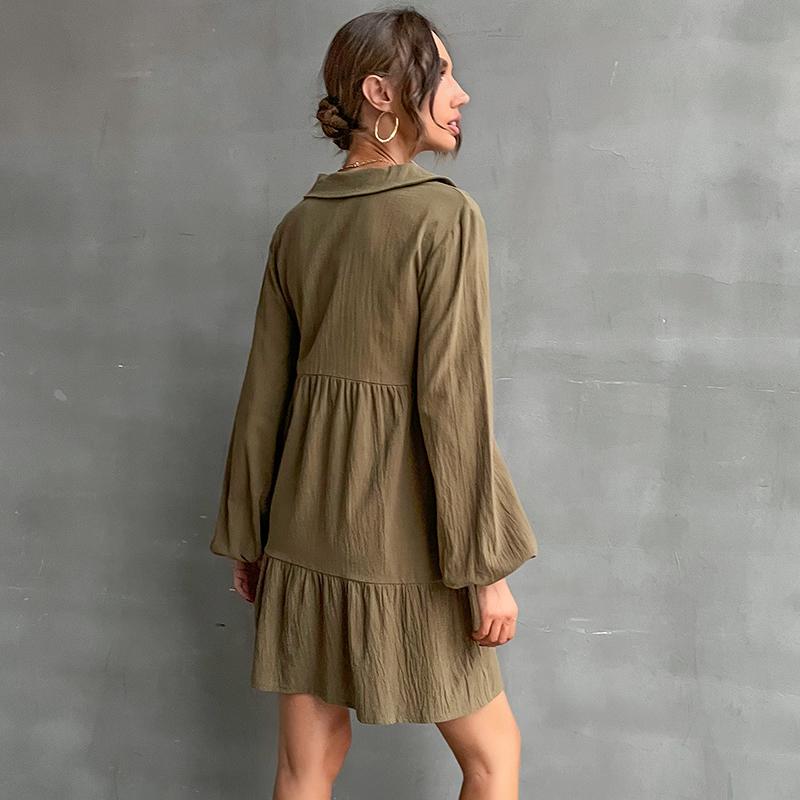 YYFS Women's Fashion Solid Color Print Long Sleeve POLO Neck Casual Dresses