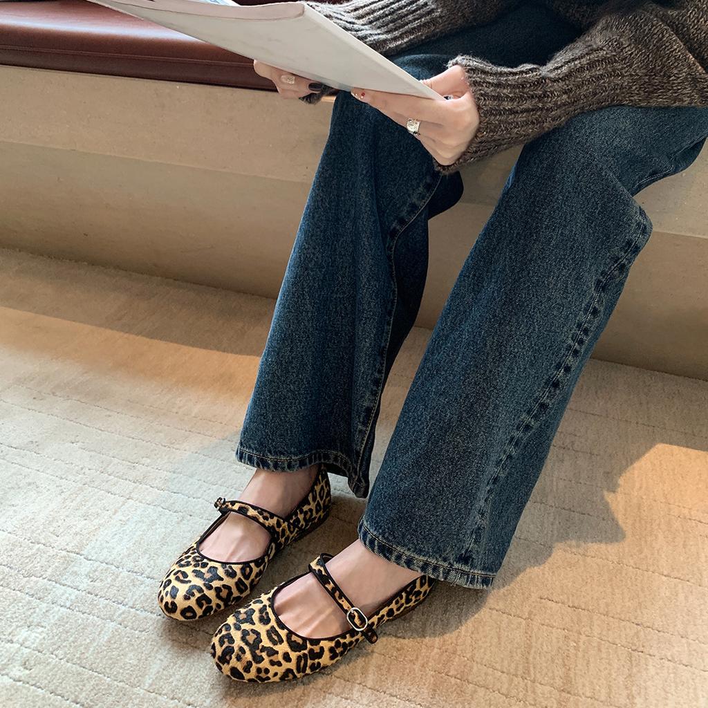Sheepskin version~ Grape mother, the same style, leopard print, one-word belt, flat Mary Jane single shoes, women's grandma shoes, genuine leather b