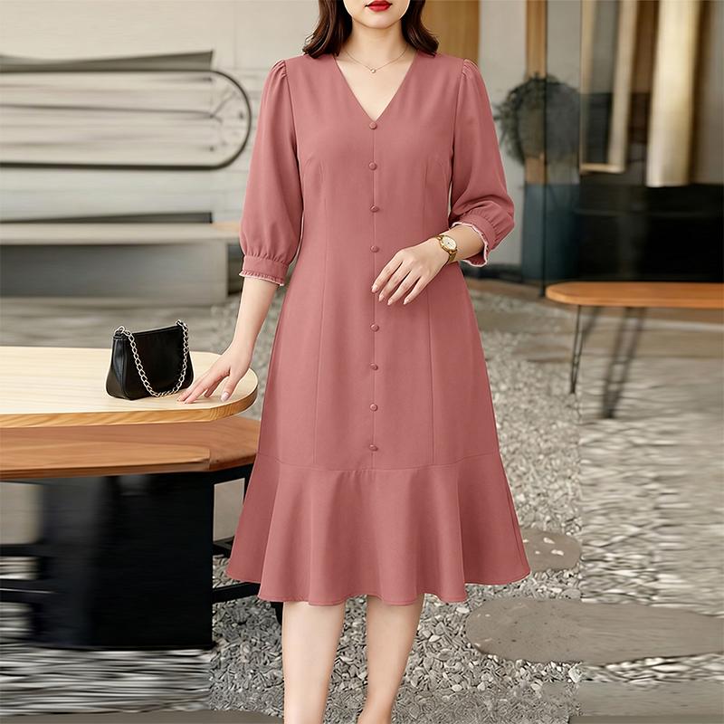 ZANZEA Women Elegant Casual V-Neck Solid Color 3/4 Sleeve Dress