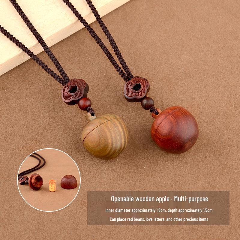 Ethnic Sandalwood Apple Pendant Necklace, Long Wooden Accessory for Women & Men, Openable Sweater Chain