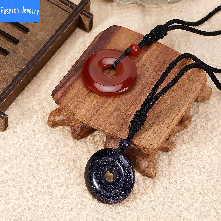 Natural crystal stone safety buckle pendant 30mm donut braided necklace fashion accessories