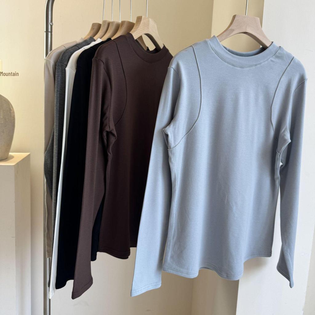2025 Autumn/Winter Women's Slimming Fishbone Shoulder Base Shirt - Warm Brushed Inner Top