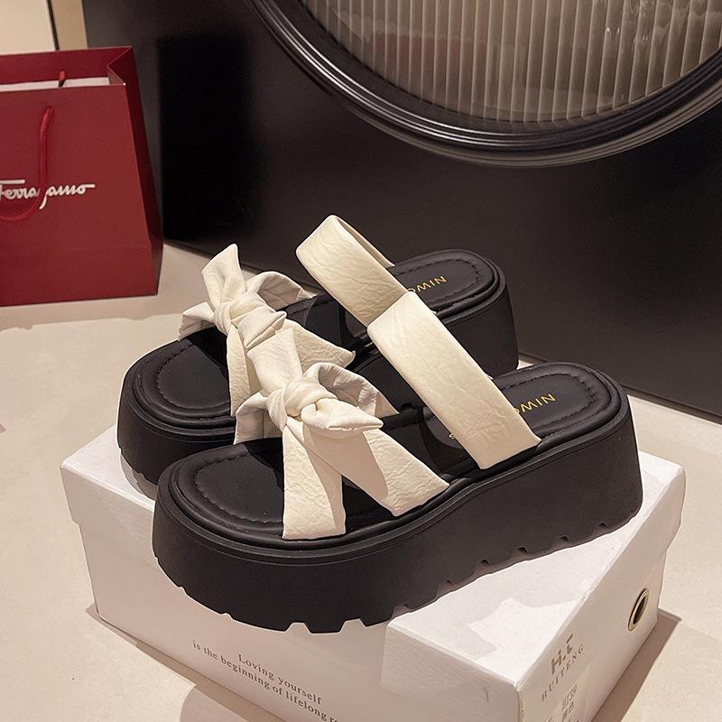 2025 Summer Women's Cool Slippers Casual Bow New Outer Wear Thick-soled Skirt One-word Drag 100 with Height Increase Drag