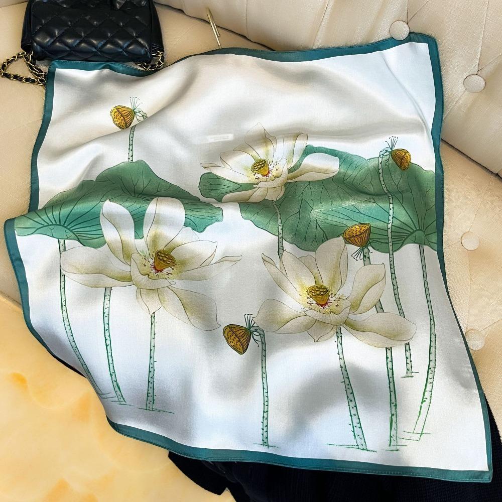 

68cm Orange Lotus Leaf Hijab Scarf for Women Polyester Fiber Printed Scarf Fashionable Versatile Neck Shawl Sun Protection Hijab зелёный