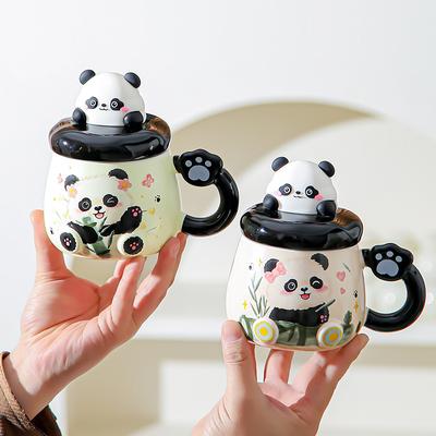 Cartoon Panda Mug with Lid Girl Cute Ceramic Office Home Couple Drinking Water Souvenir Birthday Gift