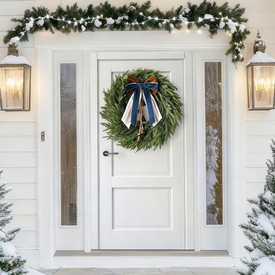 22 Inch Real Touch Christmas Wreath for Front Door Artificial Greenery Pine Cedar Wreath with Bells And Ribbon Bow