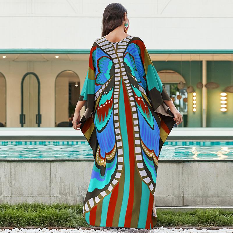 EDOLYNSA Plus Size Kaftan Red Bohemian Printed Summer Long Beach Dress Women Homewear Outfit Swim Suit Cover Up Loose Caftan