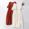 Sommer Retro Baumwoll-Leinen-Kleid mit Stickerei und Rundhalsausschnitt