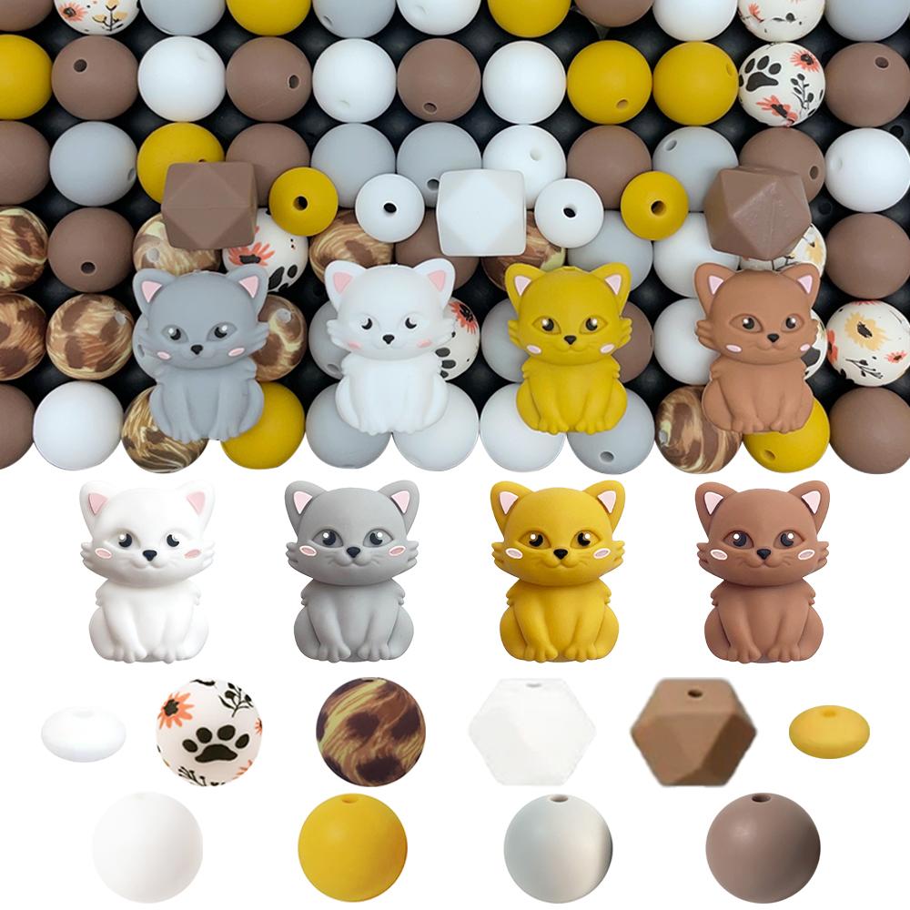 25/68PCS 3D Cute Cat Silicone Bead Set, perfect for DIY handmade crafts such as keychains, necklaces, bracelets, etc