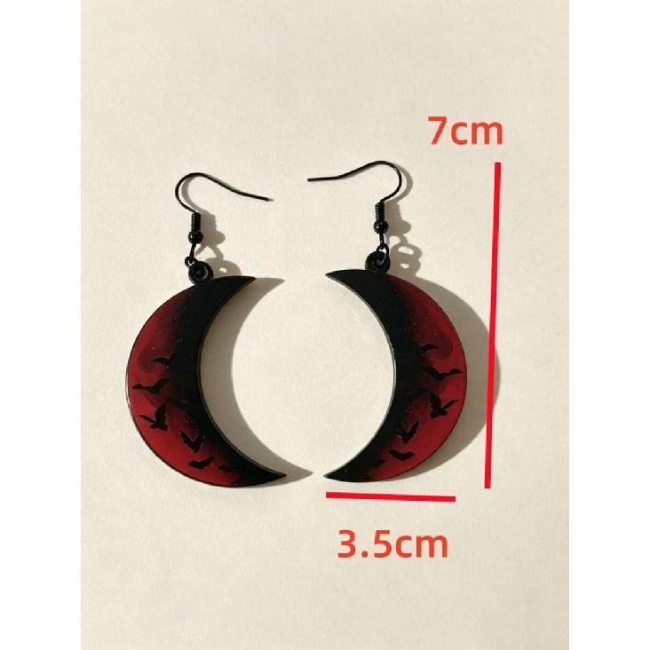1 Pair Halloween Black & Red Gradient Moon Acrylic Earrings, Bat Crescent Moon Dark Gothic Style Personalized Earrings