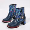 Fashion Women's Short Boots Flower Printed Patchwork Round Toe Thick Bottom Women Shoes Fashion Chunky High Heel Belt Buckle Botas Mujer
