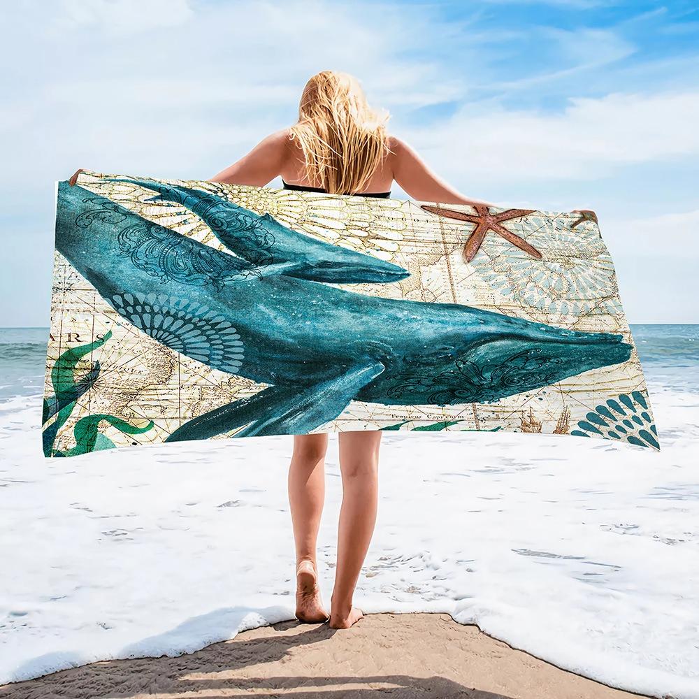 Summer Tropical Ocean Wave Beach Towel Starfish Seashell Print Polyester Bath Towel Quick Dry Sand Free for Swim Pool Travel