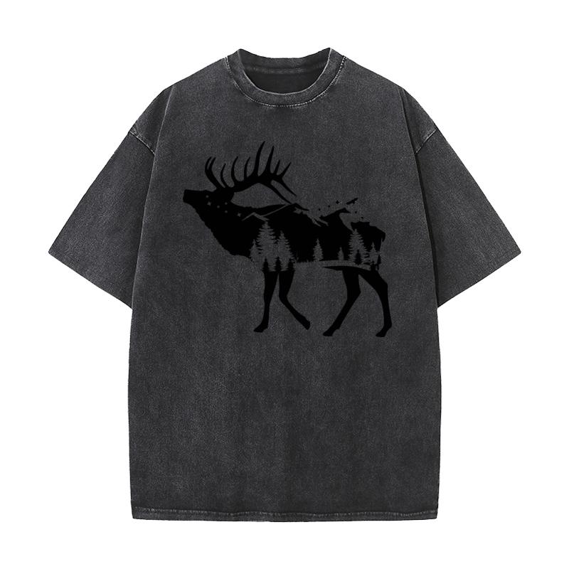 Short Sleeve Tees Christmas Round Neck Combed cotton Woman Washed Tshirts Round Neck Forest Elk Party Washed Tee Shirts Family
