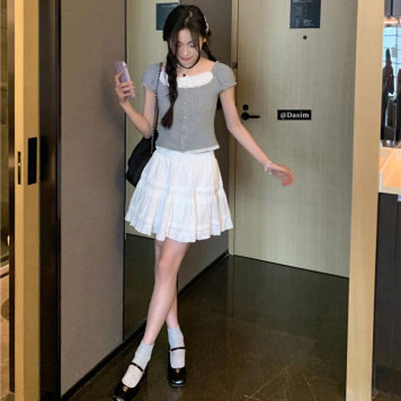 

Кружевная трикотажная рубашка в балетном стиле с квадратным воротником - облегающий летний топ для девочек и женщин Medium