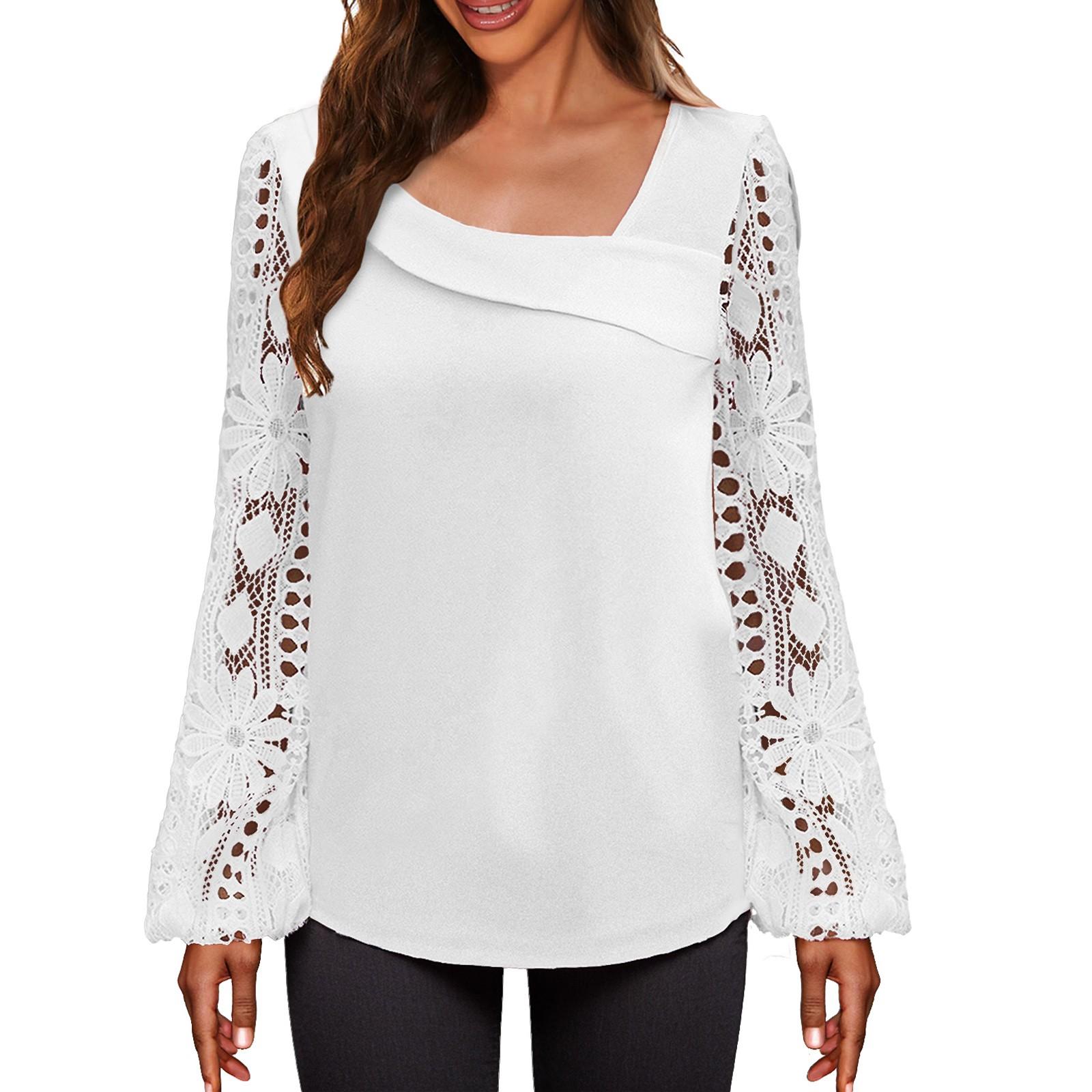

Модные женские повседневные свободные кружевные футболки с длинными рукавами, летние топы, топы с принтом XL белый