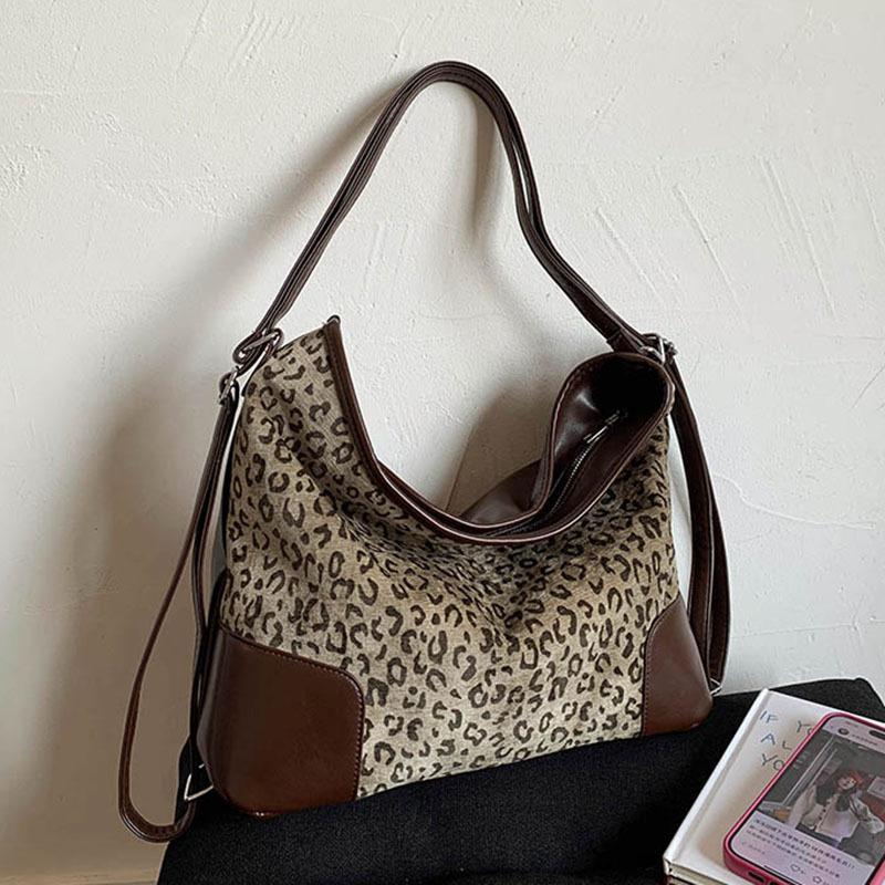Vintage Leopard Tote Bag For Women Luxury Design Large Capacity Crossbody Bags Casual Fashion Splicing Backpacks