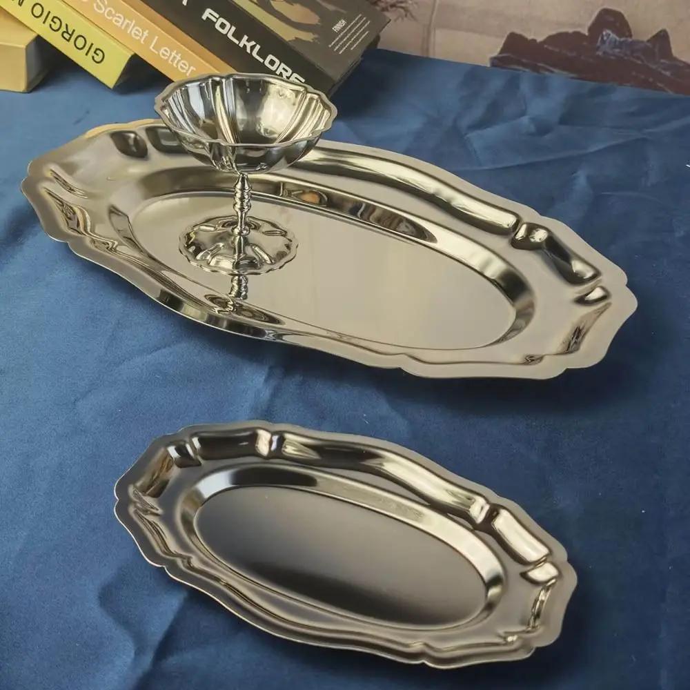 Vintage Mirror Face Cake Tray Stainless Steel Storage Plate Household Dessert Plate Embossed Storage Plate Home Decoration