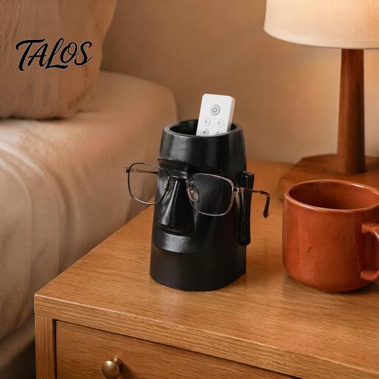 Office Supplies Holder Resin Glass Stand Pen Holder, Moai Statue Pencil Storage Container, Stationery Desk Organizer Eyeglass Display Rack for