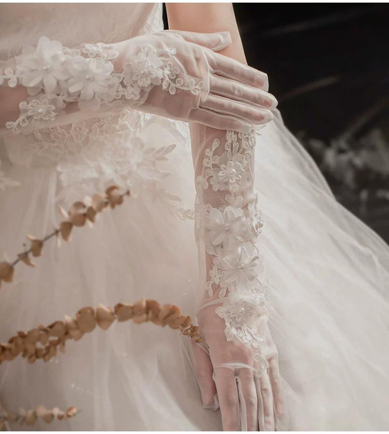 Elegant Fairy Long Wedding Tull Gloves Lace Flower Mesh Thin Gloves Pography Props Bride Dress Accessories