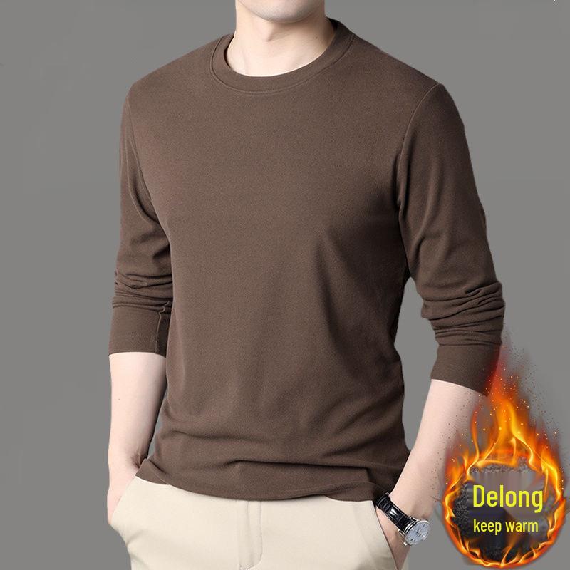 

Men s 2026 Double-Sided Velvet Seamless Long Sleeve T-Shirt - Warm Autumn/Winter Solid Color Round Neck 5XL кавовий