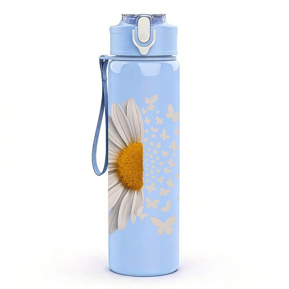 1PC White Daisy Butterfly Print 750ml Color Plastic Sports Water Bottle Leakproof Flip Straw Lid Suitable for Sports Office Home Use