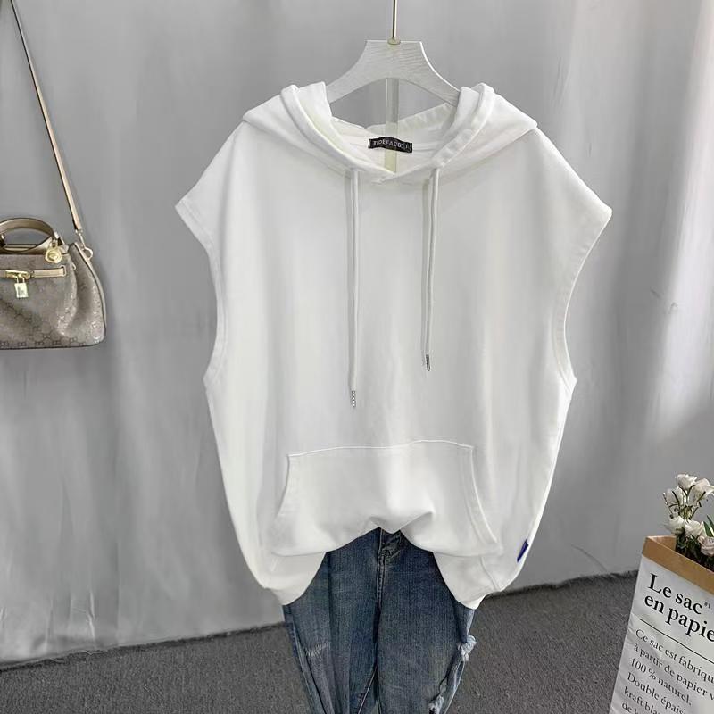 Spring/Autumn Loose Plus Size Hooded Vest Sweatshirt, 2-300 Jin, Mid-Length, Sleeveless Coat for Women