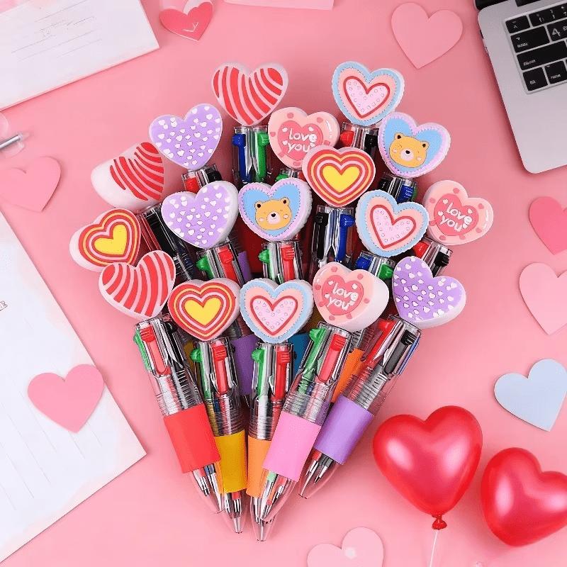 10Pcs Creative Gift Heart Shape Four-Color Ballpoint Pen Cartoon Love Pen Color Press Multicolor Back To School