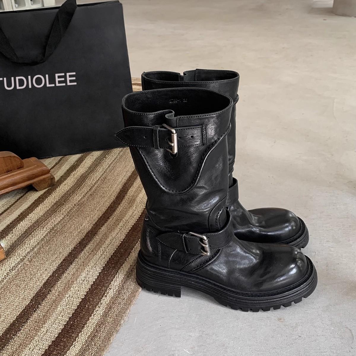 

The same style as Grape Mom, Yingli Street~ New washed horse skin, Kusa round head buckle with thick-soled knight boots in autumn and winter 40 чёрный