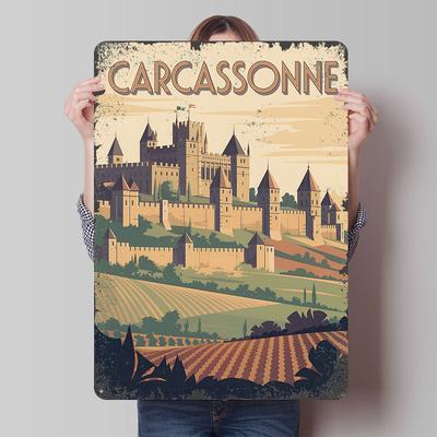 Burg Carcassonne Reise Gedrucktes Poster Benutzerdefinierte Wandkunst Retro Vintage Metallblechschilder für Gamer Dekoration Zimmer Haus Dekoration