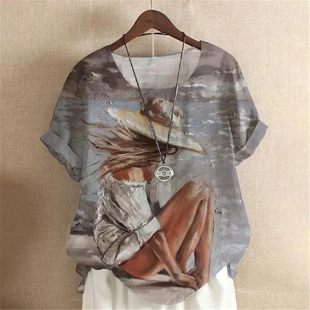Oil Painting Y2k Girls Digital 3D Print Summer Fashion Women T-shirt Short Sleeve Everyday T-shirt Harajuku Vintage Pullover