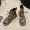 Shoes for Women Fashion Lace-up Women's Boots Spring Autumn Round Toe Leopard Botines Size 35-40 Botas De Mujer