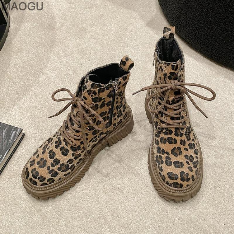 Shoes for Women Fashion Lace-up Women's Boots Spring Autumn Round Toe Leopard Botines Size 35-40 Botas De Mujer